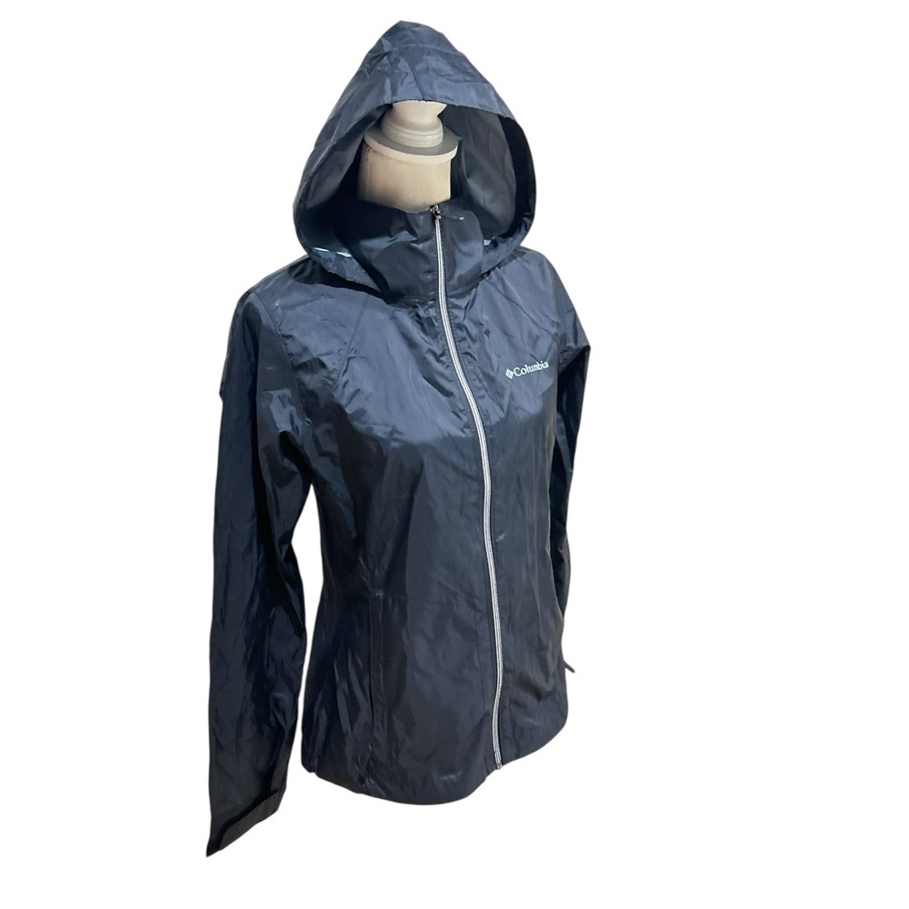 Columbia Black hooded rain nylon windbreaker zip up Jacket zip pockets small - Picture 4 of 9